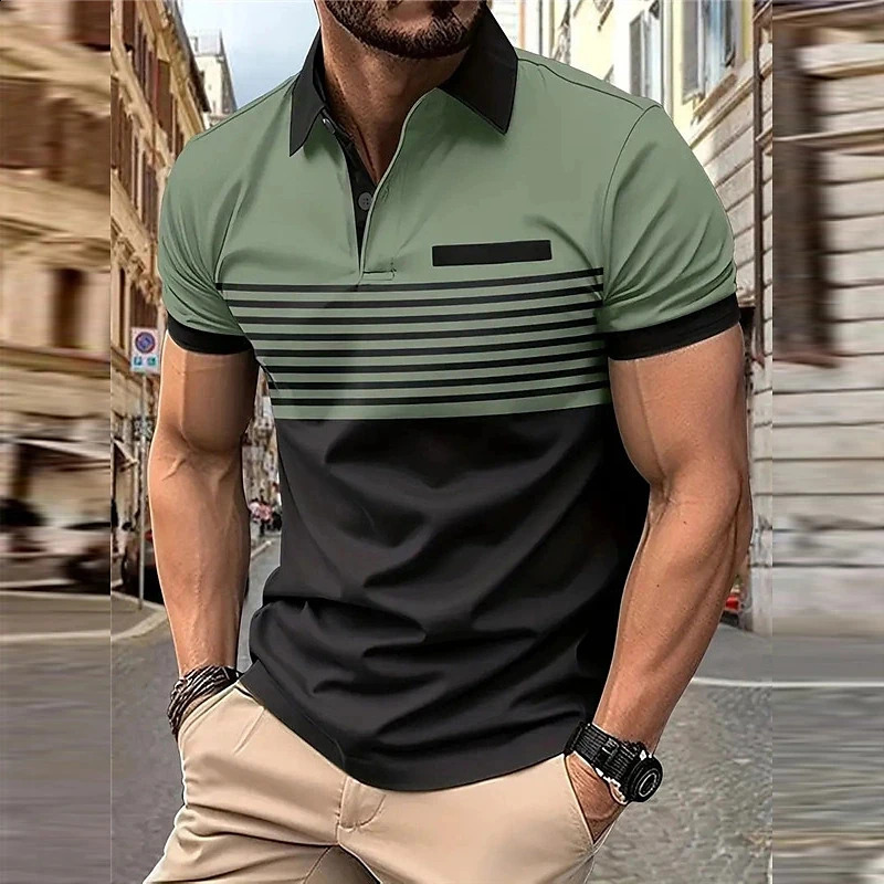 Business Mens Polo T Shirt Summer Short Sleeve Clothing Fashion Stripe Print Street Casual Buttons Tops Oversized Pullover 250319