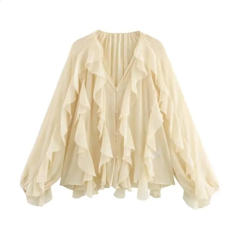 Willshela Womens Fashion Solid Ruffle Single Chest Shirt Retro Vneck Long Sleeve 250319
