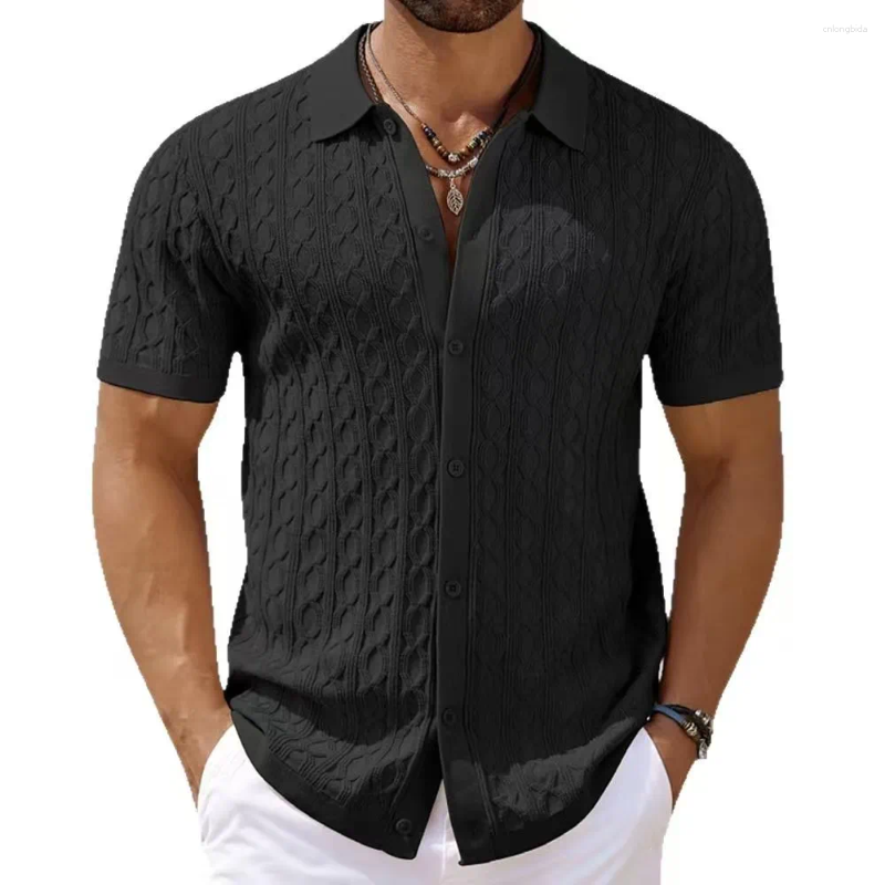 Mens Polos Spring Summer Knit Polo Shirt Men Casual Turn-down Collar Button Solid Geometric Pattern Top Ice Silk Tee Vintage Cardigan