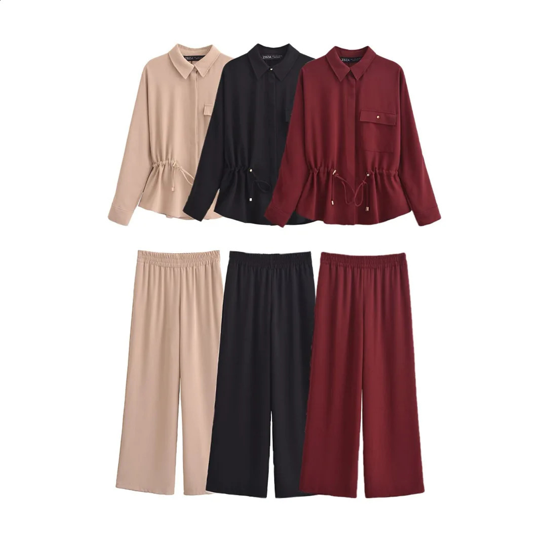 Spring Two Piece Wide Leg Pants Set Crepe Loose Shirt with Casual Summer Long Sleeve Womens 250319