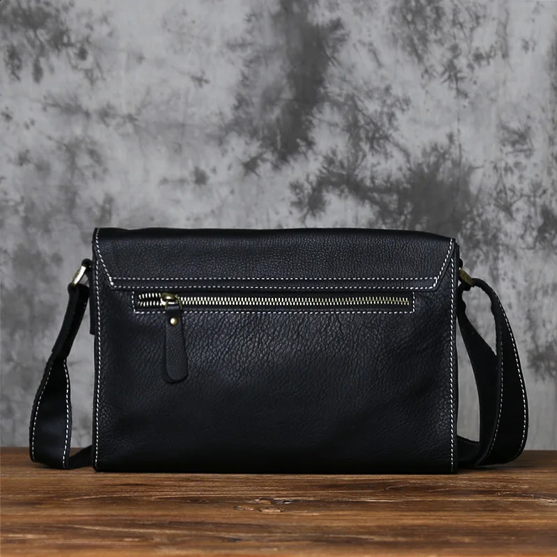 NZPJ leather mens messenger bag laminated denim shoulder bag cross body bag flat bag suitable for 10 inch iPad 250318