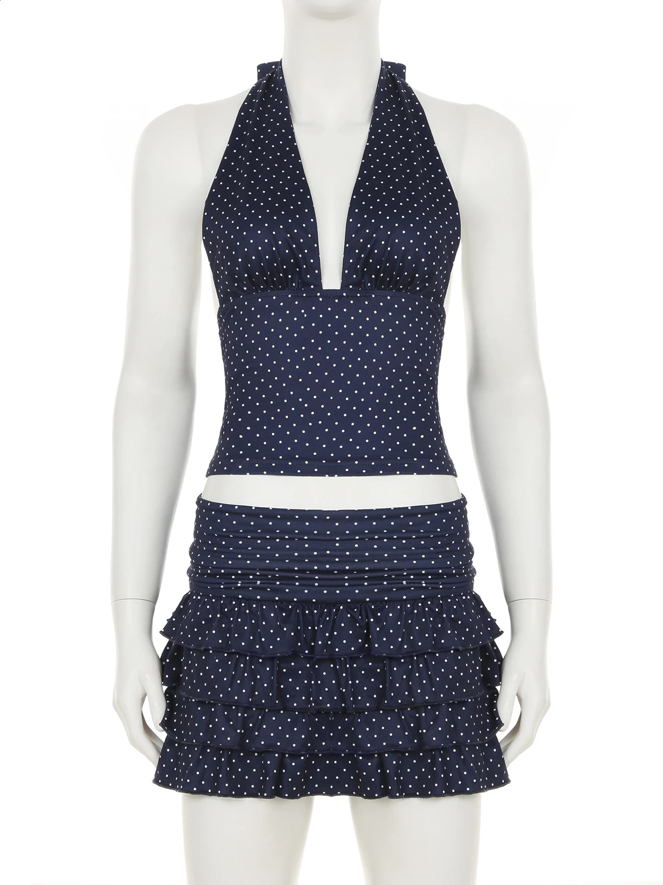 IAMSURE Holiday Sexy Dot Printed Dress Set Womens Beach Style Ultra Thin 2piece Deep Vneck Strap Top Low Waist Mini Skirt 250318