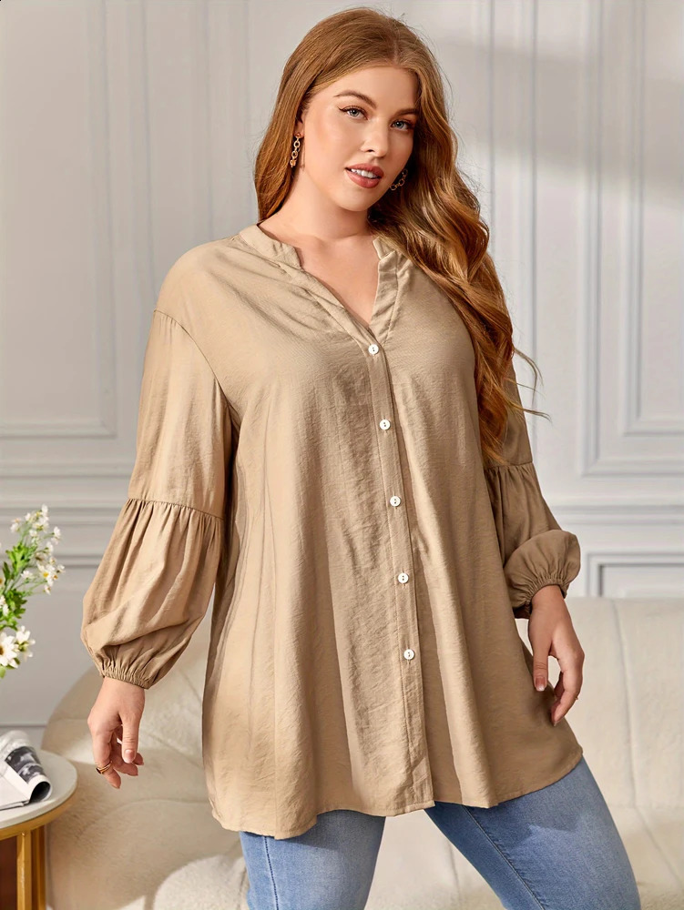 Plus Size 2025 Spring Womens Solid Color Button Shirt Elegant Loose Blouse Versatile Office 250319