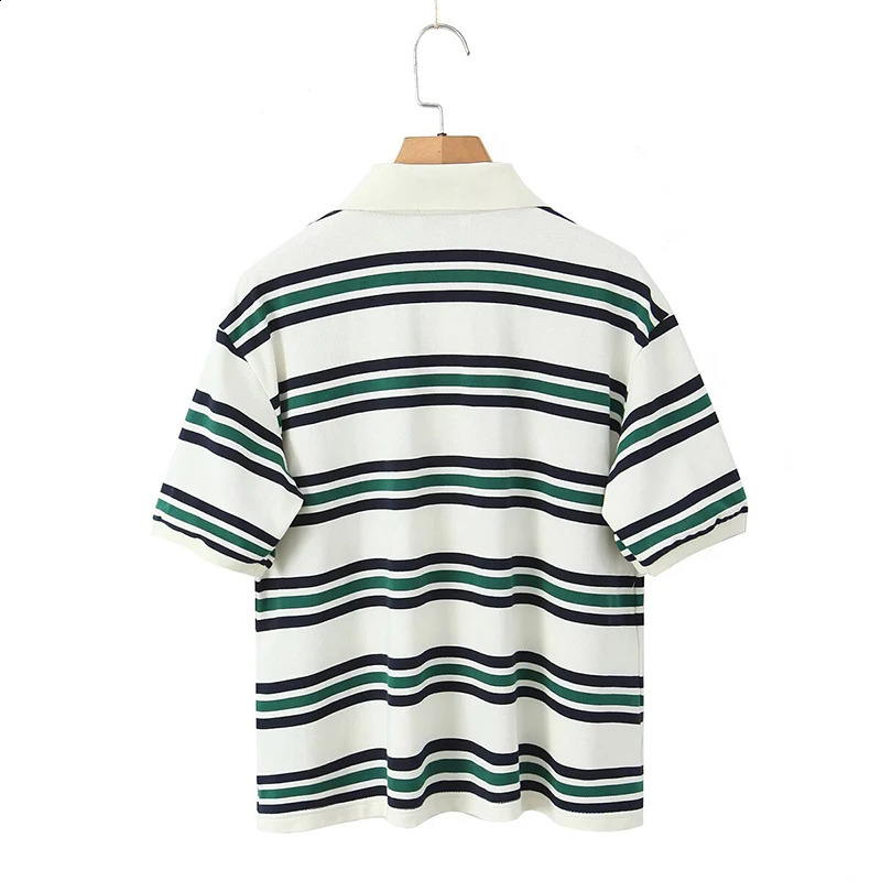Willshela Women Fashion With Button Striped Pullover Shirts Vintage Polo Neck Short Sleeves Female Chic Lady Tops 250318