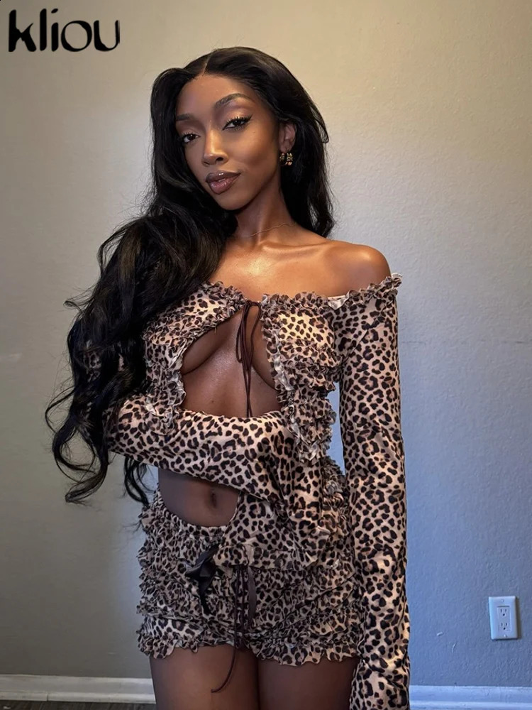 kliou Leopard Matching Trend 2Piece Sets Women Printed Off Shoulder Bandage Slim TopsElastic Waist Trim Shorts Mujer Clubwear 250319