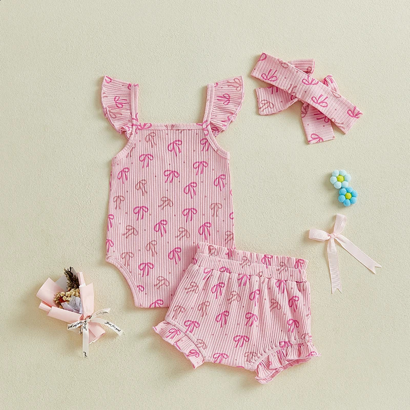 Preschool girl floral jumpsuit with pleated sleeves elastic waistband shorts and matching headband 3 pieces for summer 250319