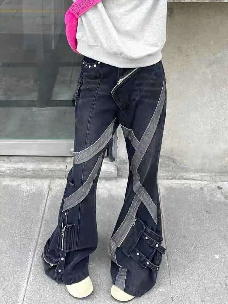 American women street retro zipper splicing micro flared jeans Y2k slimming multi pocket design straight leg pantsT250319