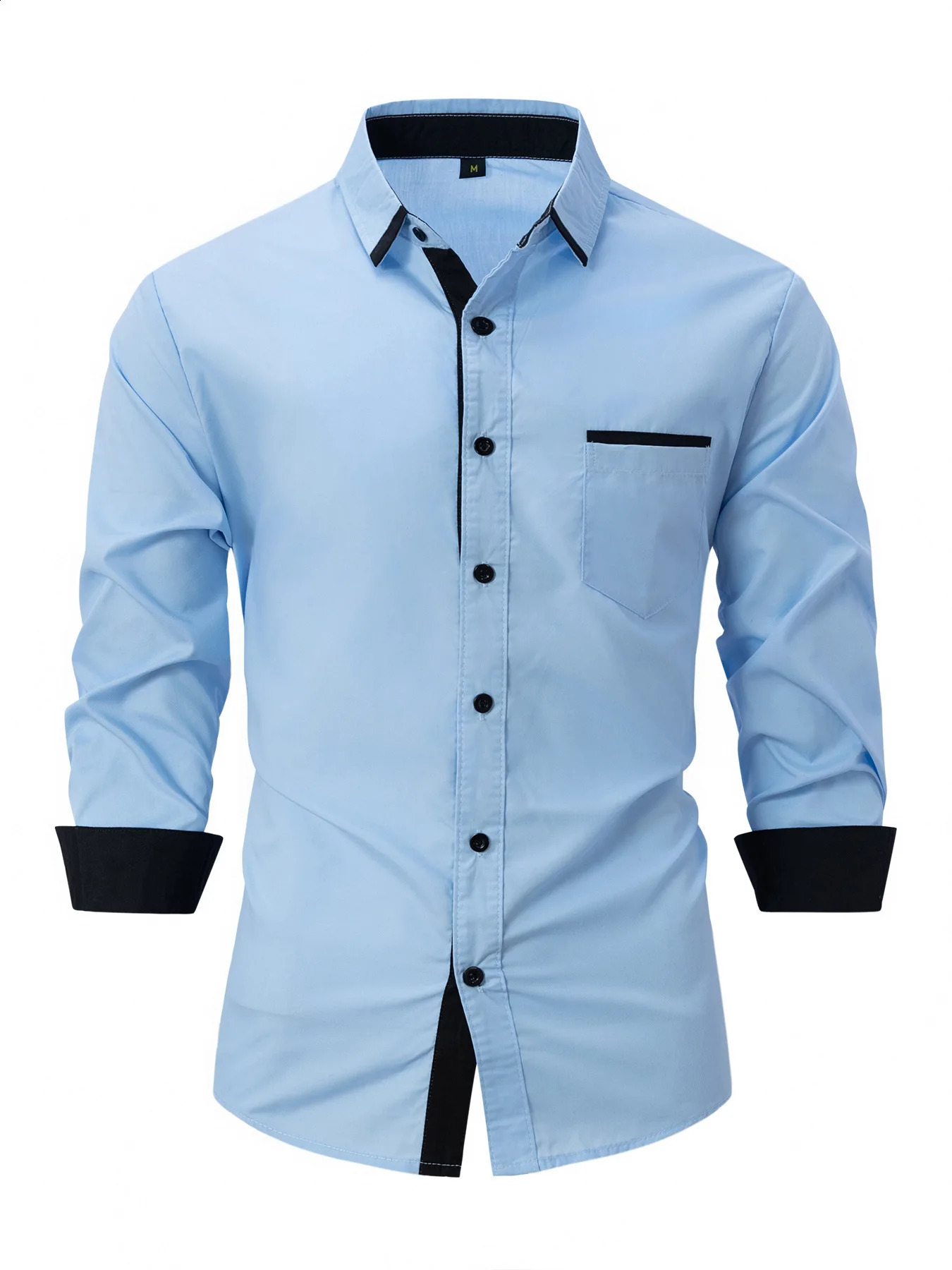 Mens business casual color combination loose long sleeved pocket shirt mens autumn cotton blend 250317