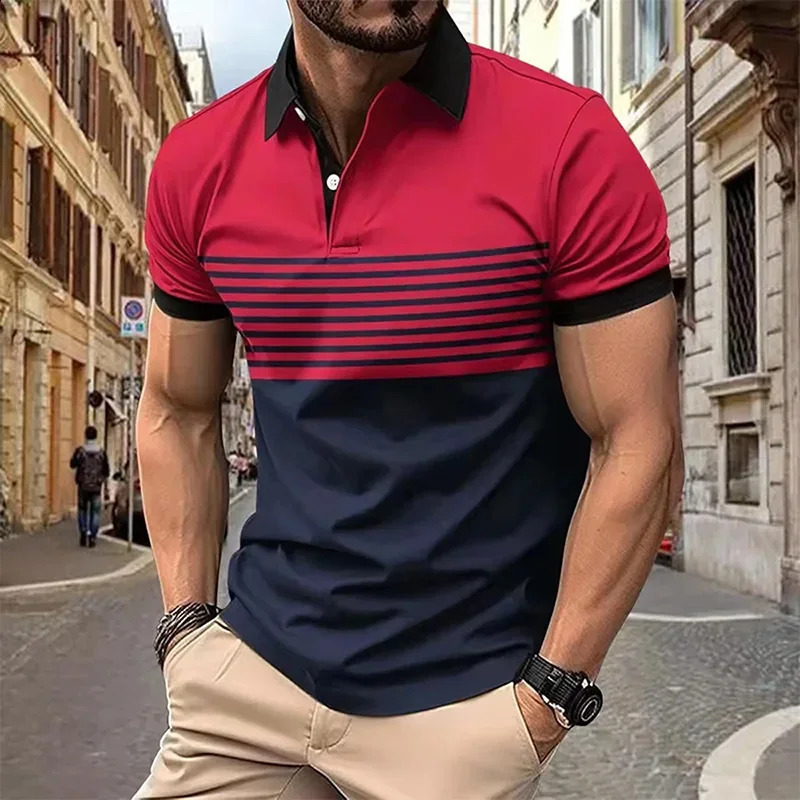 Breathable Stripe Print Sleeve Lapel Short Sleeve T-shirt Mens Casual Retro Style Button Up Shirt For Summer 250319