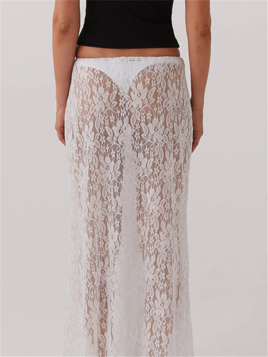 Y2K White Fairycore Boho Floral Lace Maxi Skirts Womens Sheer Low Waist Vintage Long Skirts Summer Harajuku Holiday Outfits 250319