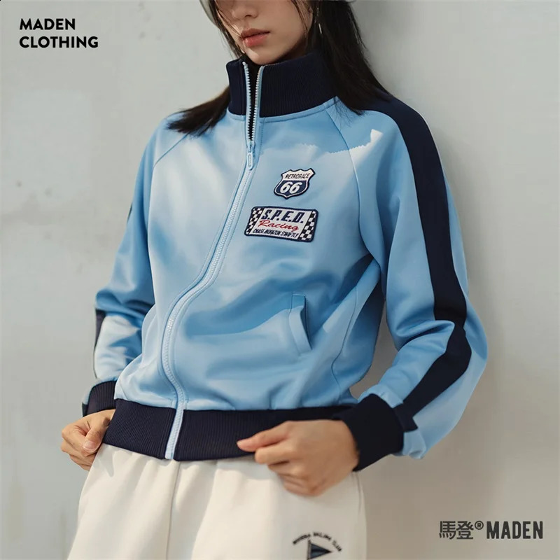 Maden womens casual contrasting color spliced zipper sports shirt retro racing badge cardigan loose jacket 250317