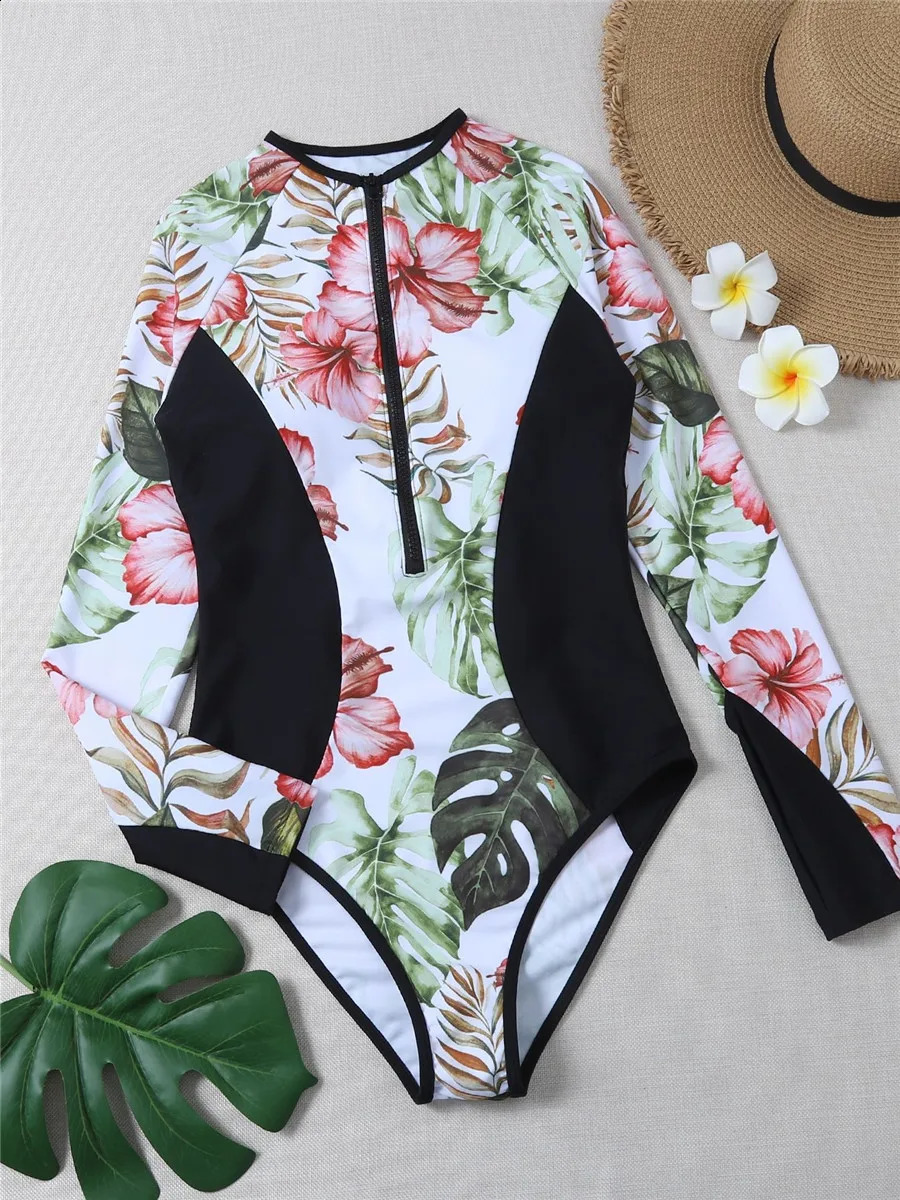 Floral print surfing swimsuit womens 2023 zipper long sleeved onepiece Bathers Rashguard sports diving suit 250312
