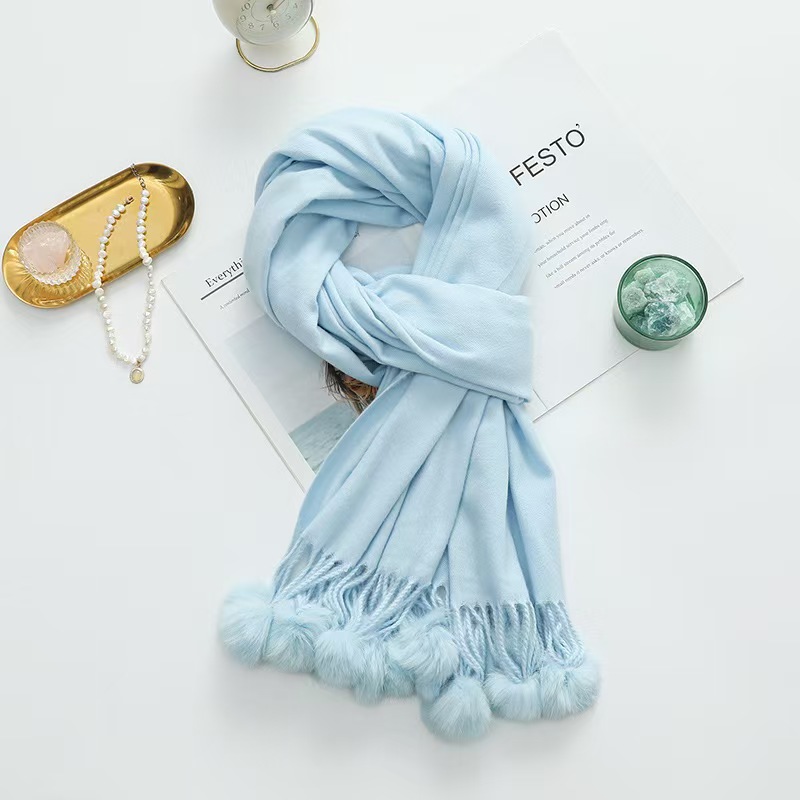 K168 Fur ball scarf for women autumn and winter all-match wool cashmere scarf shawl high-grade pure color new imitation cashmere scarf