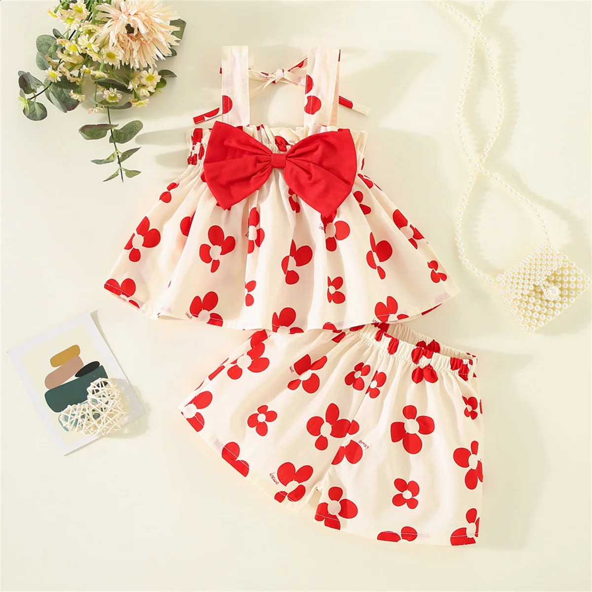 Cute printed bow decoration with top and bottom for preschool girls aged 03 in summer 2 piecesset 250319