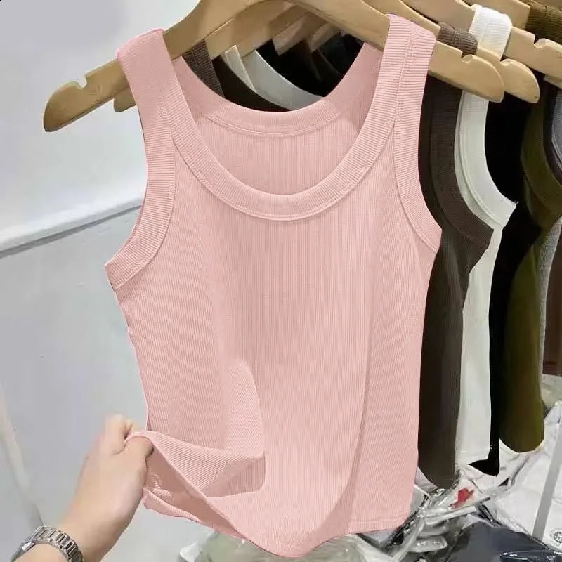 Womens solid round neck ribbed vest womens 2025 summer basic elastic Oneck 250319