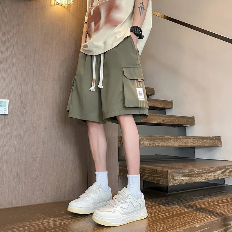 Mens Cargo Shorts Solid Color Multiple Pockets Short Pants Summer Elastic Waistband Drawstring Casual Men 250319