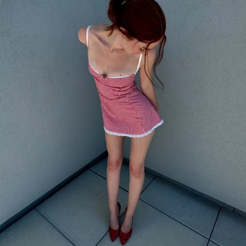 Candy Plaid Y2K lace retro spaghetti strap mini dress backless fashionable casual slim evening party autumn vest 250319