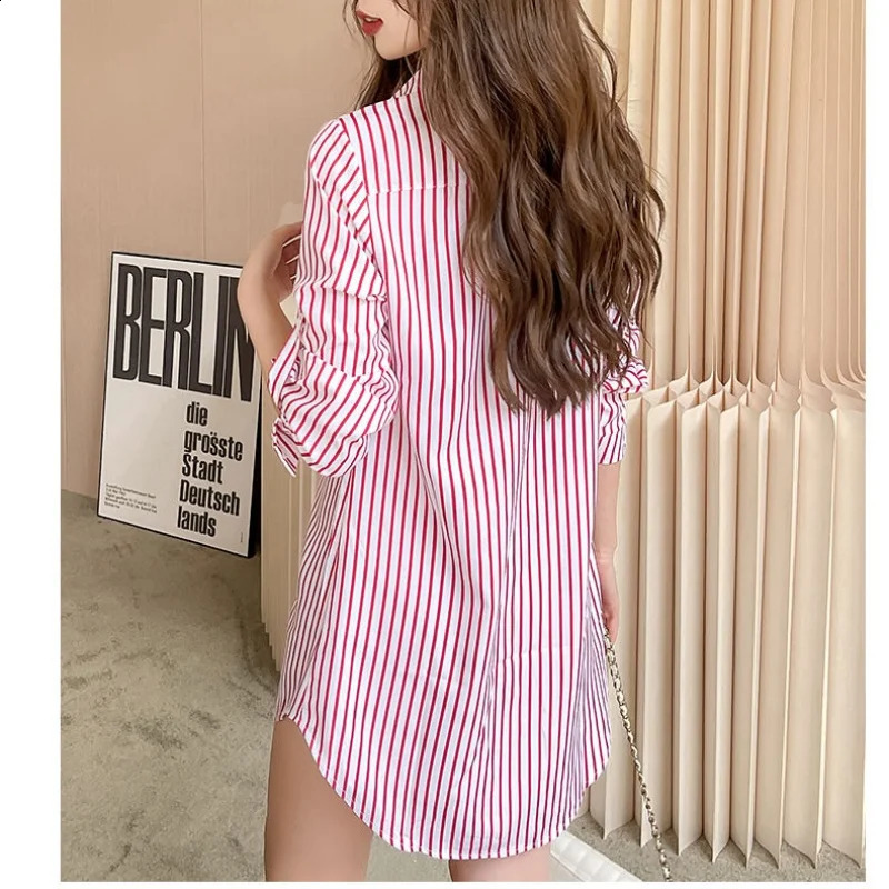Plus size womens striped shirt and loose long sleeved top Korean fashion casual office ladies matching elegant 250319
