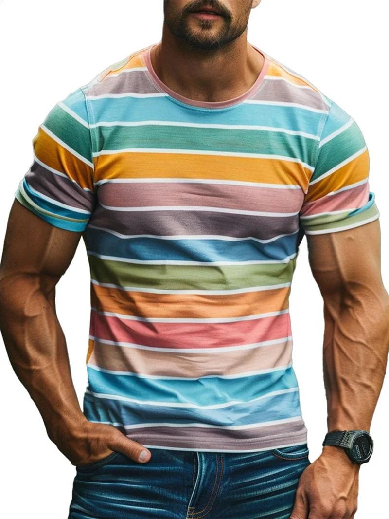 Mens Retro Stripe 3D Printed T Shirt Summer Casual Short Sleeve Fashion Crew Neck Tshirt Loose Breathable Sports Tees Pullovers 250319