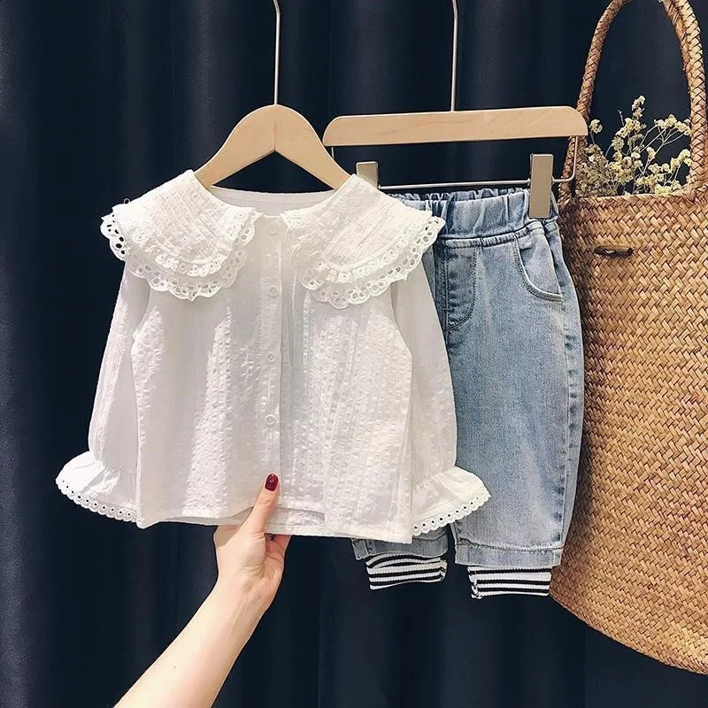 Korean Little Girl Spring Autumn Shirts Single Breasted Solid Color Lace Collar Long Sleeve Children Girls Tops Baby 250319