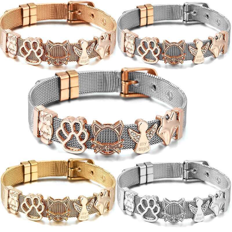 10mm Dog Paw Fox Fairy Beads Charm Bracelets DIY Stainless Steel Mesh Keeper Bracelets Pulseras Mujer For Women Men Jewelry Gift