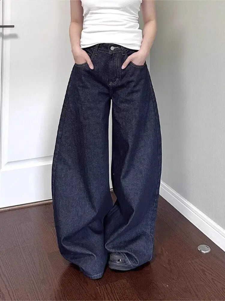 American womens black high street vibrating wide leg jeans suitable for autumn and winter suitable for men and women washed loose straight pants 25031