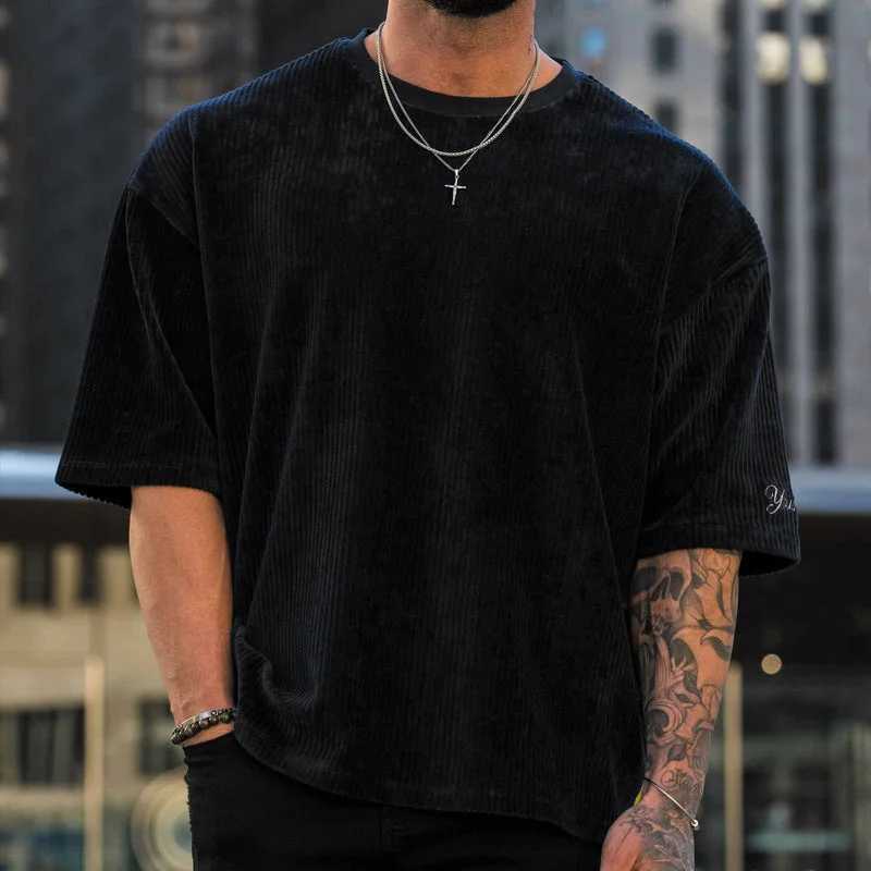 2024 New Fitness Sports Exercise Mens Corduroy Loose T-shirt Summer Crewneck Cotton Running Loose Short SleeveT250318
