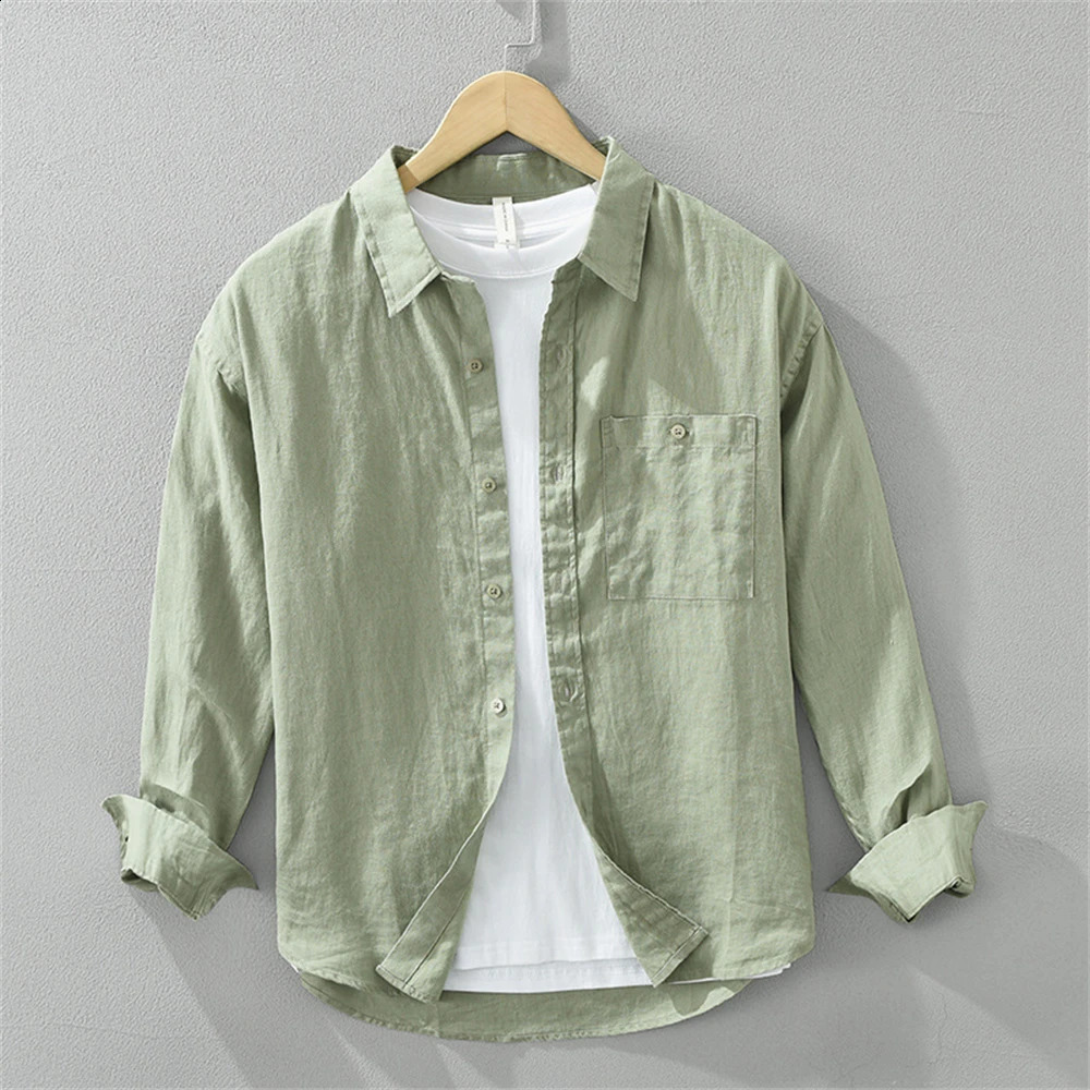 Spring man linen shirt Loose breathable mens clothing freshness Casual shirts long sleeved tops solid for men 250317