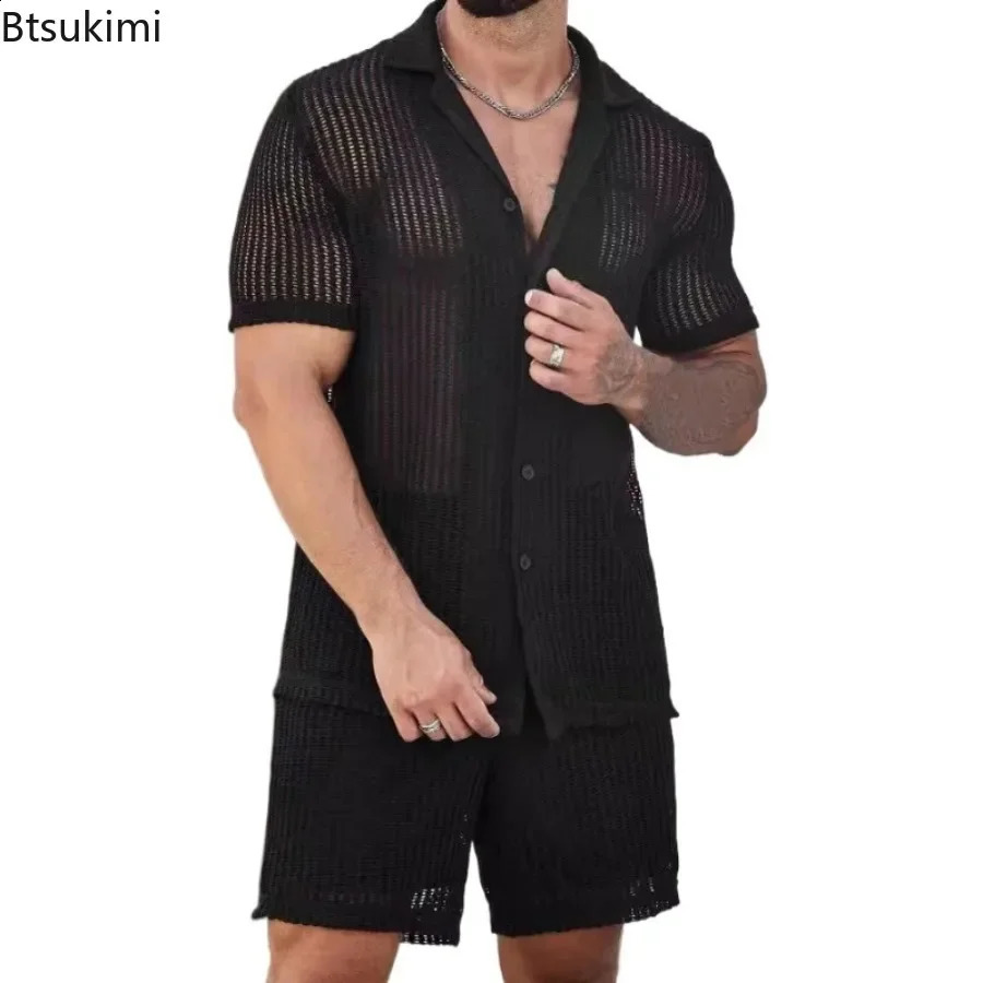 Summer Cool Breathable Mens Knitted Shirt Fashion Hollow Short Sleeve Button Collar Cardigan Top Mens Knitted Solid Polo Shirt 250317