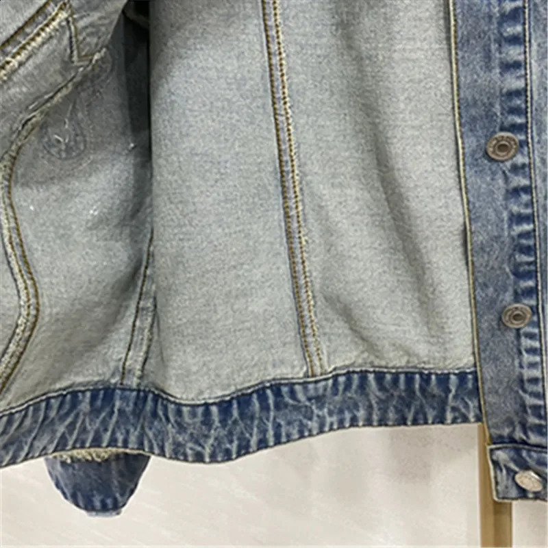 Womens denim jacket spring/summer heavy industry beaded denim jacket fashionable O-neck short dress womens clothing 250317