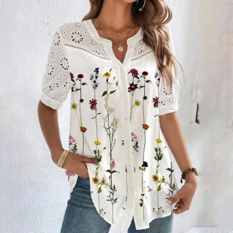 Leisure Flower Printed Cardigan Hollowed Out Blouses 2025 Fashion Lapel Short Sleeved Shirt Womens Top Camicette Femme 250319