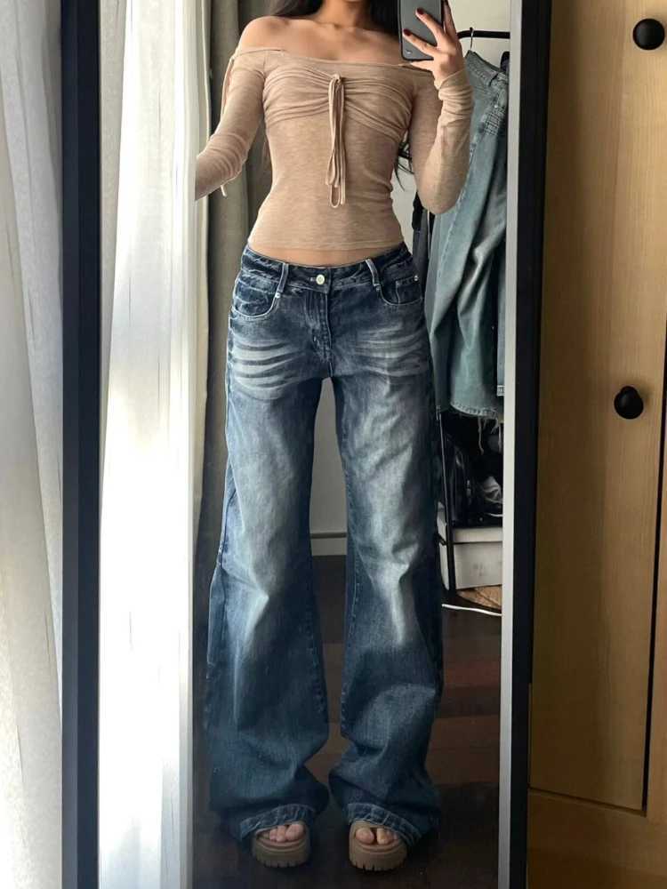 HOUZHOU Y2K retro bagged wide leg womens jeans washed casual high waisted loose denim pants streetwear Korean Flared TrousersT250319