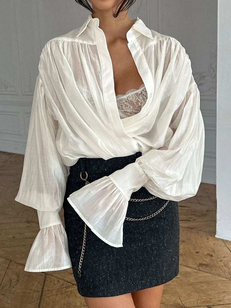 Tossy Casual Loose See-Through Shirts Womens Autumn Lapel Long Sleeve Patchwork Blouse Top Streetwear Female Solid Shirts Top 250317