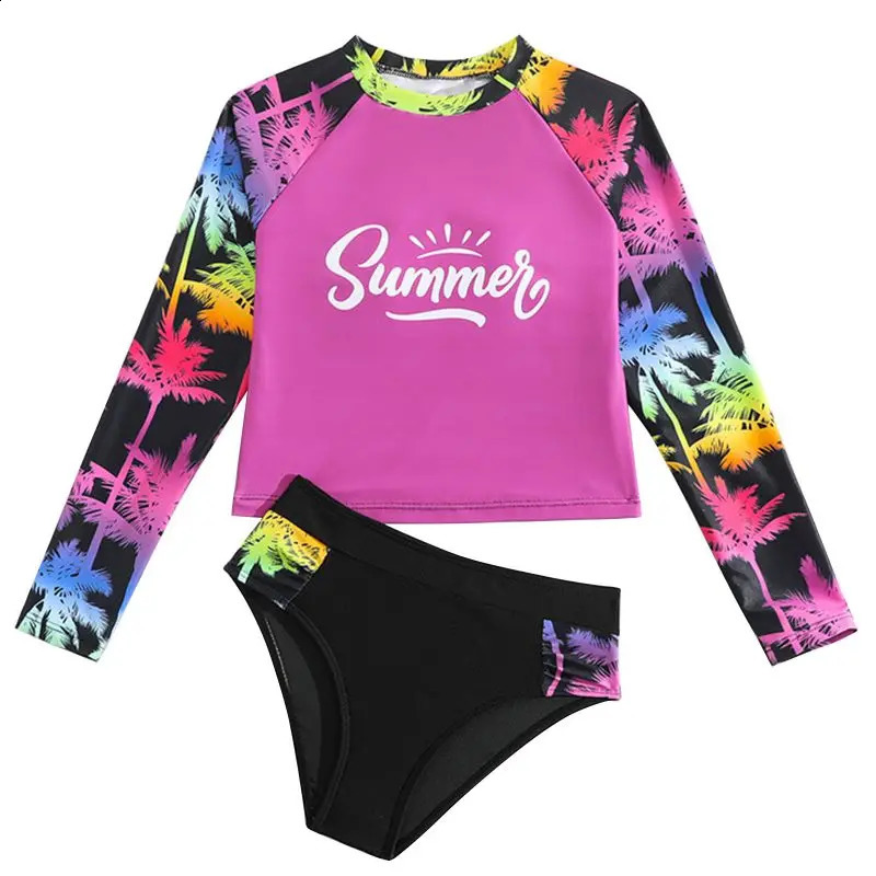 Children Girls 2 pcs Swimsuits Summer Long Sleeve Sun Protection Swim Suits Kids Bathing Suit Sunblock Beachwear 4-7 Years 250319