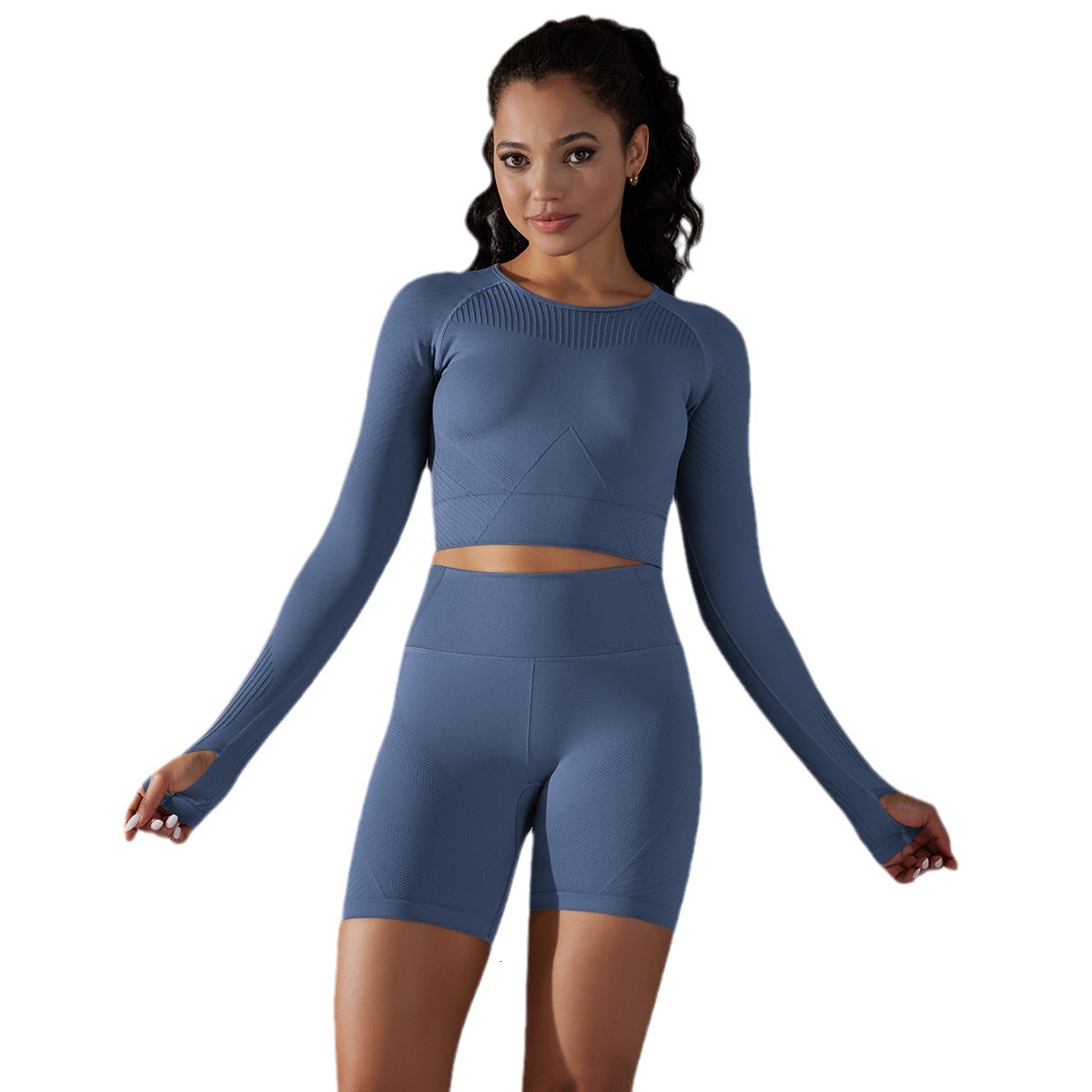 tracksuit Seamless Knitted Solid Color Jacquard Sports Yoga Suit Running Fitness Long sleeved T-shirt Two piece Set leggings