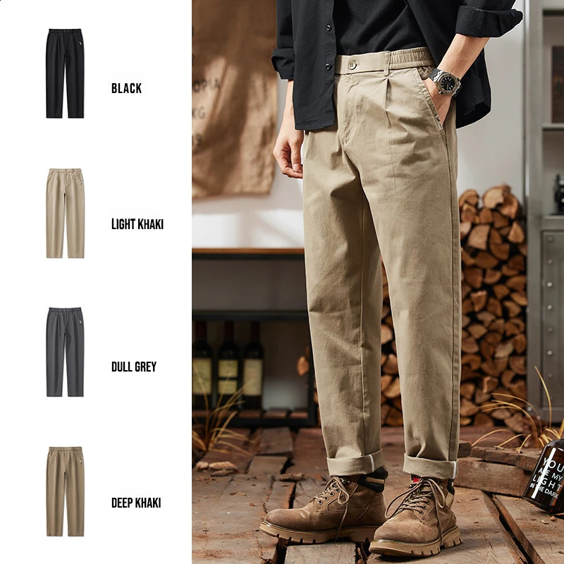2025 mens straight pants elastic waist Chino Trouser freight casual cotton spring Korean golf suit 250319