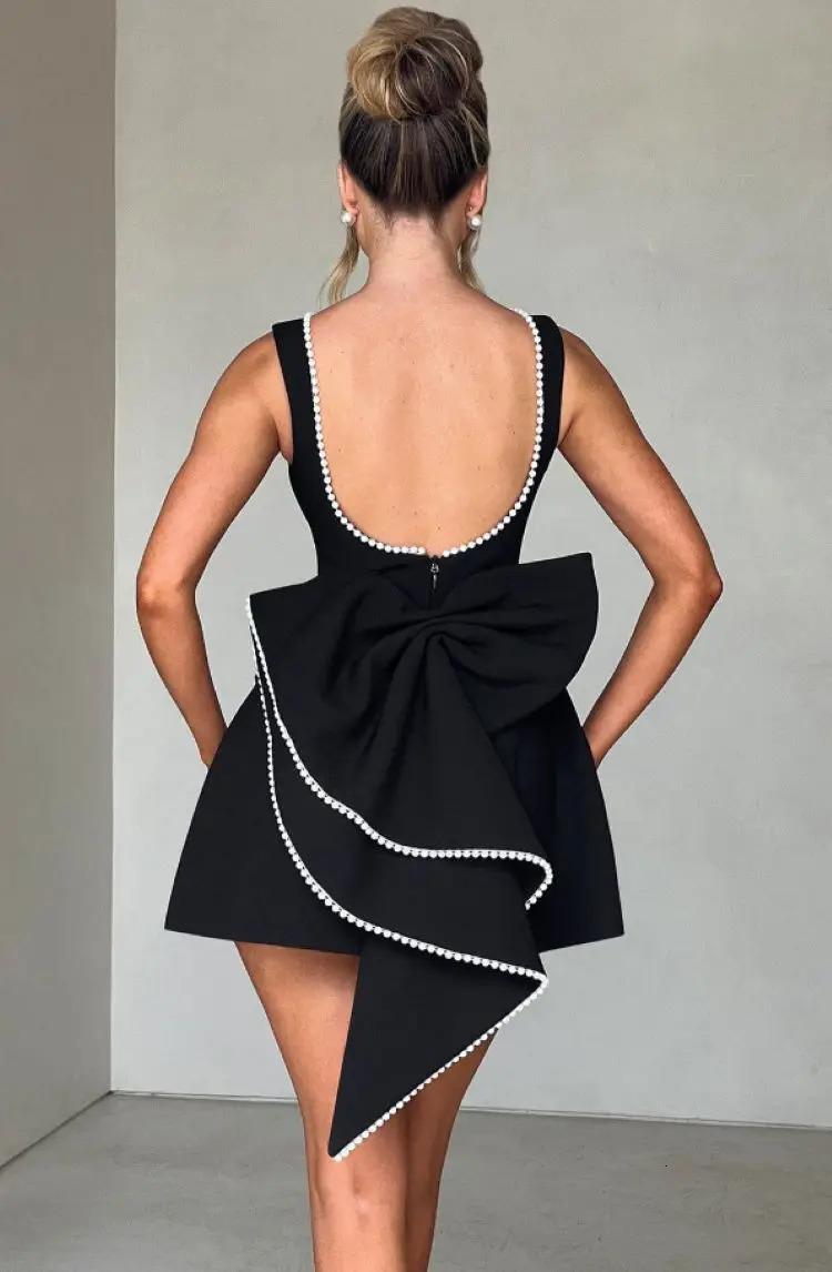 Elegant pearl bow backless short skirt womens sleeveless party cute mini dress black and white pink chic birthday night Y2K style 250314