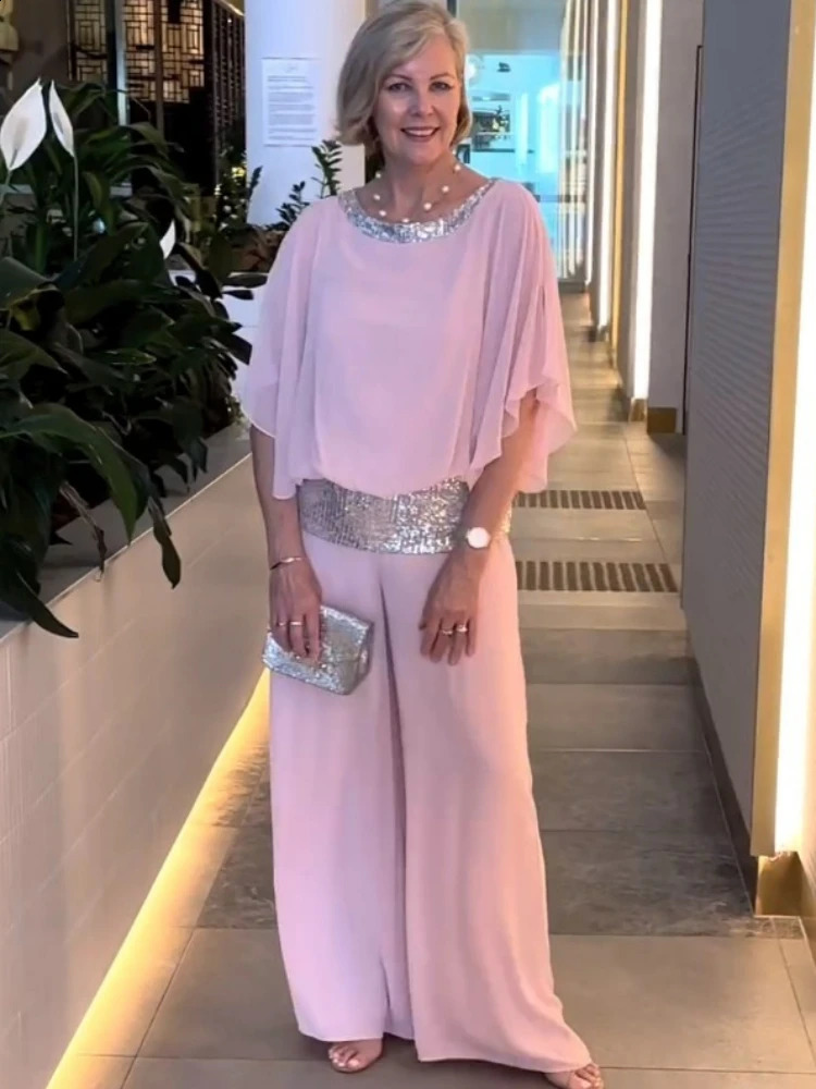 Womens twopiece pants set solid color elegant sequin patchwork top batwing sleeves wide leg high waist loose summer 2024 250319