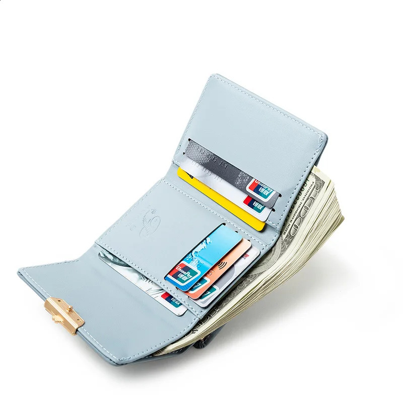 024 Womens Summer Womens Short Wallet Japanese and Korean PU Leather Hard Buckle Three Fold Bag High Texture Multi C 250318