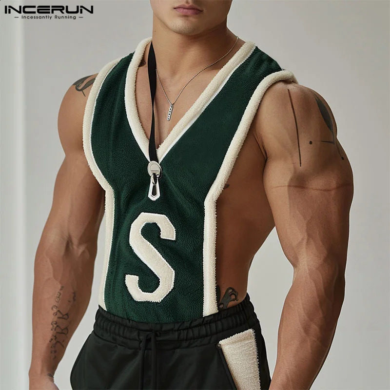 INCERUN Tops Korean Style Sexy Fashion Men S Letter Pattern Splicing Striped Vests Summer Casual Sleeveless Tank Tops S-5XL 250319