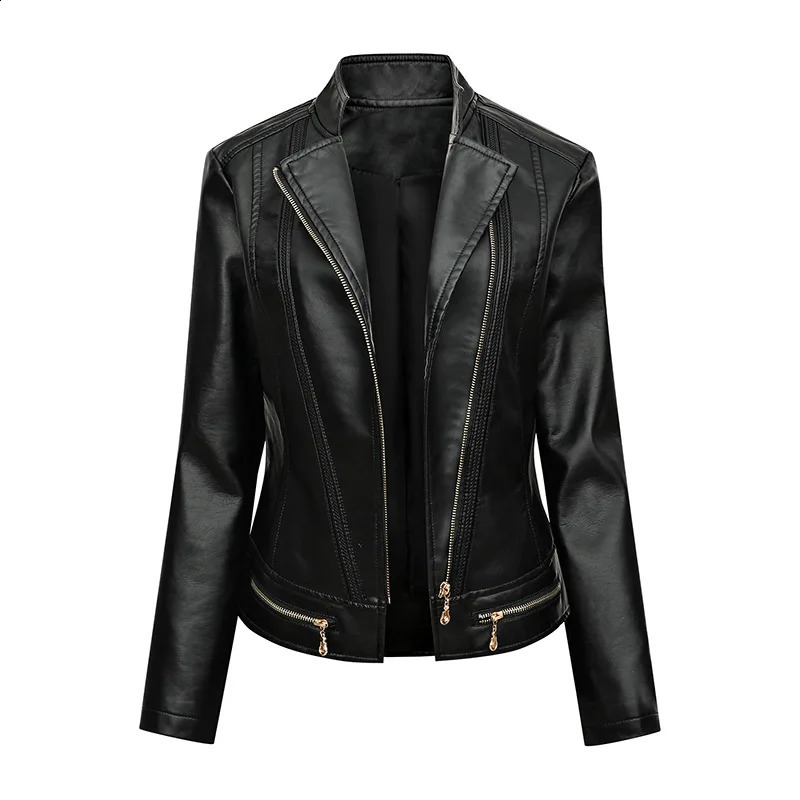 Women Korean Casual Version Slim PU Leather Jacket Classic Zipper Short Motorcycle Coat 250319