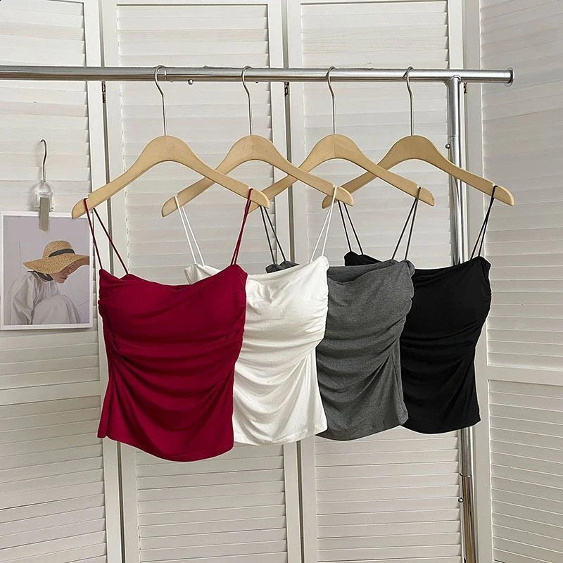 Summer Camisoles Tank Top With Built In Bra Spaghetti Strap Tanks Vest Sleeveless Tees Cropped Solid Color Casual 250319