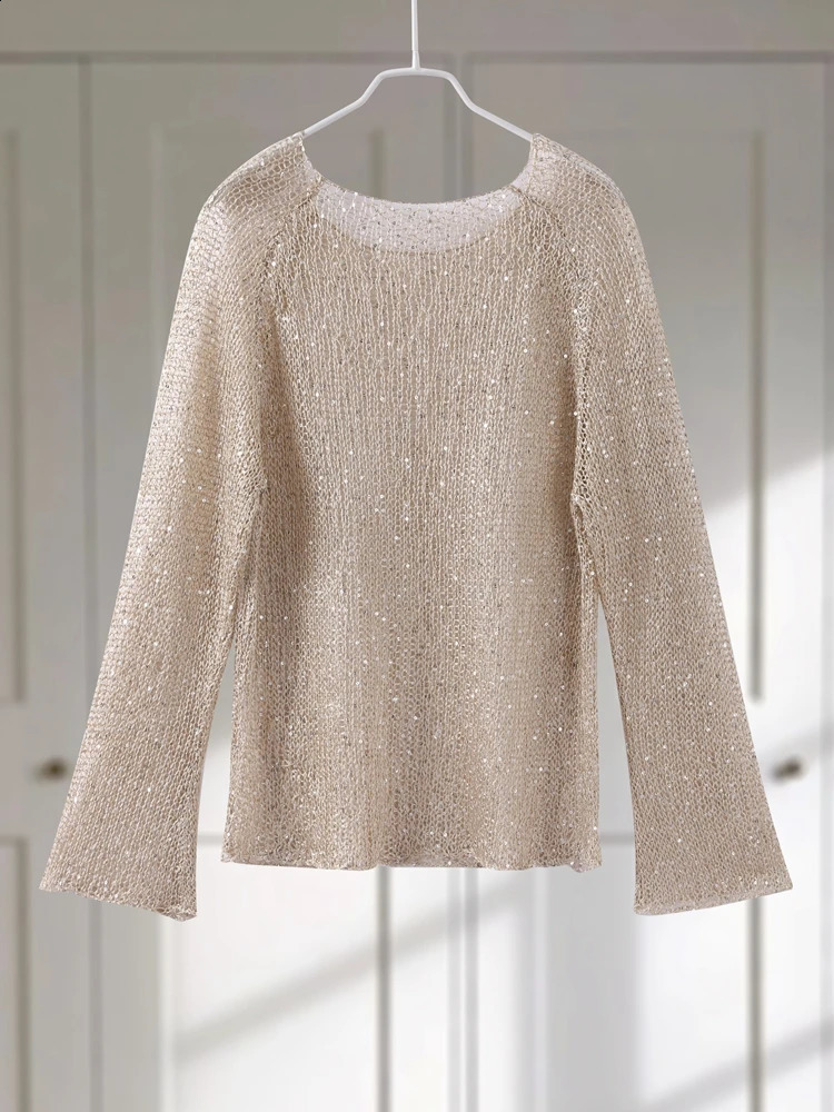 Fashion Sequin Knitted Hollow Out Sweater Women Elegant O-neck Loose Long Sleeve Knitting Top 2025 Spring Female Chic Pullover 250318