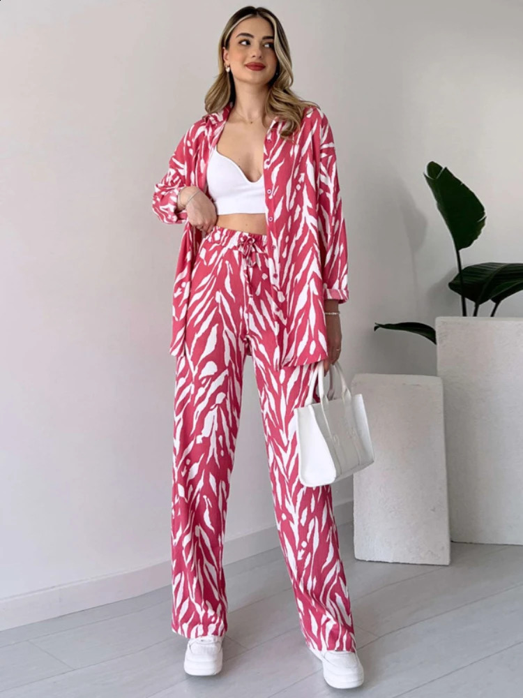 Womens 2piece Set Casual Daily Shirt Fashion Spring Summer Printed 2 Piece Outfit Wide Leg Pants Twopiece 250319