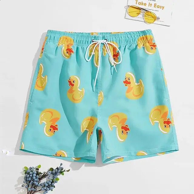 Mens board shorts swimming relay summer beach print graphic flamingo yellow duck comfortable breathable 250319