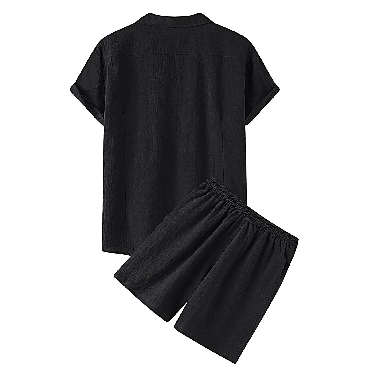 Mens Summer 2 Piece Shorts Set Solid Color Cotton Linen Short Sleeve Lapel Button Up Shirts TopShort Pants Set Sleepwear Pajamas 250317
