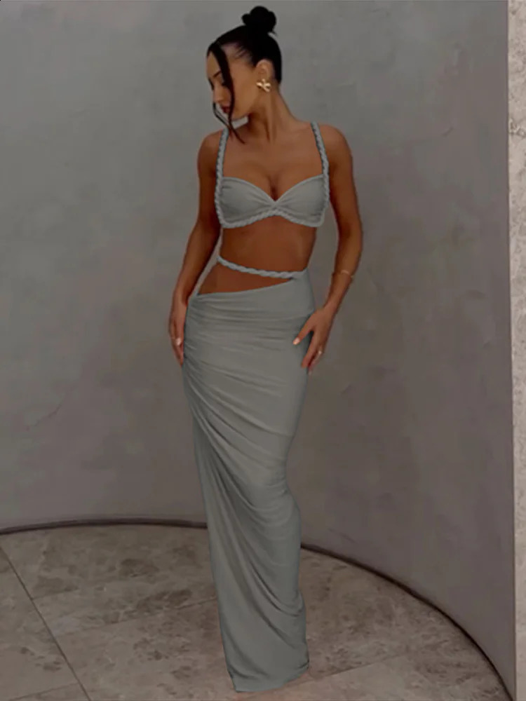 2025 In Matching Sets Women Elegant Sleeveless Pleated Crop Tops Irregular Waist Long Skirt Vacation Beach Lady Suit Summer 250319