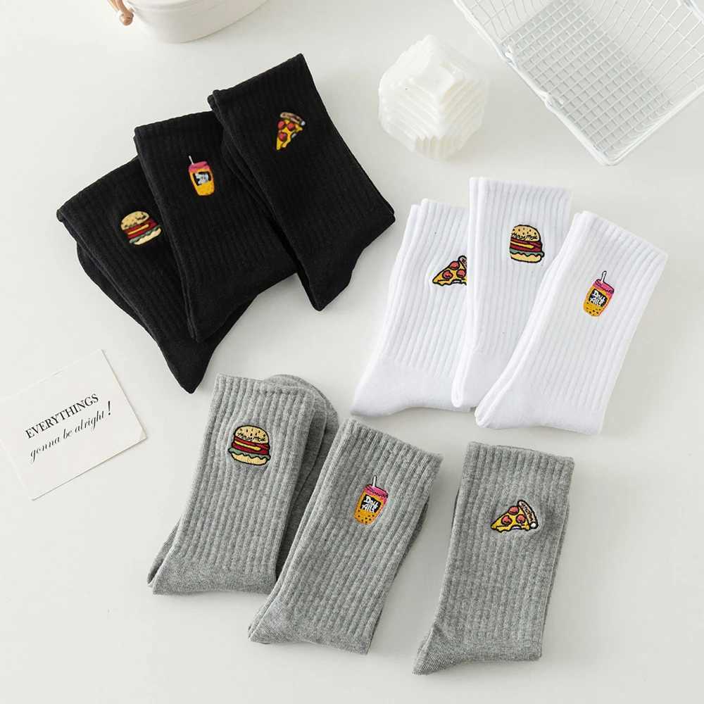 Warm Winter New Funny Embroidery Hamburger Pizza Pattern White Black Gray Casual Hipster Thick Socks Christmas Gift Dropship X250319