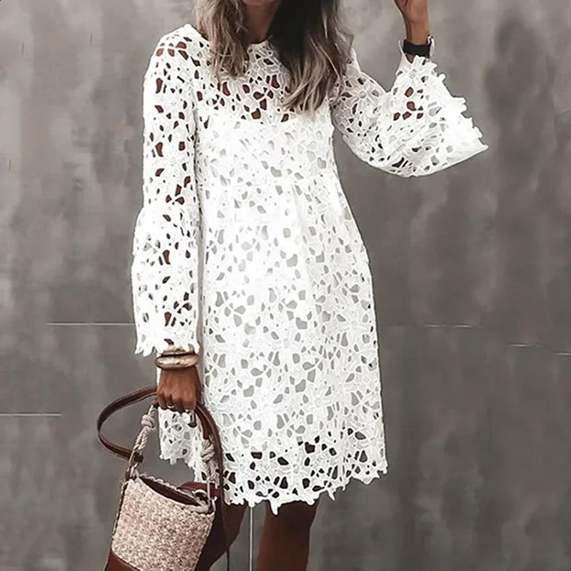 Lace Dress Sling Two Piece Suit Women Autumn Sexy Hollow Out Mini Dresses Female Vintage Elegant Puff Sleeve Short 250319