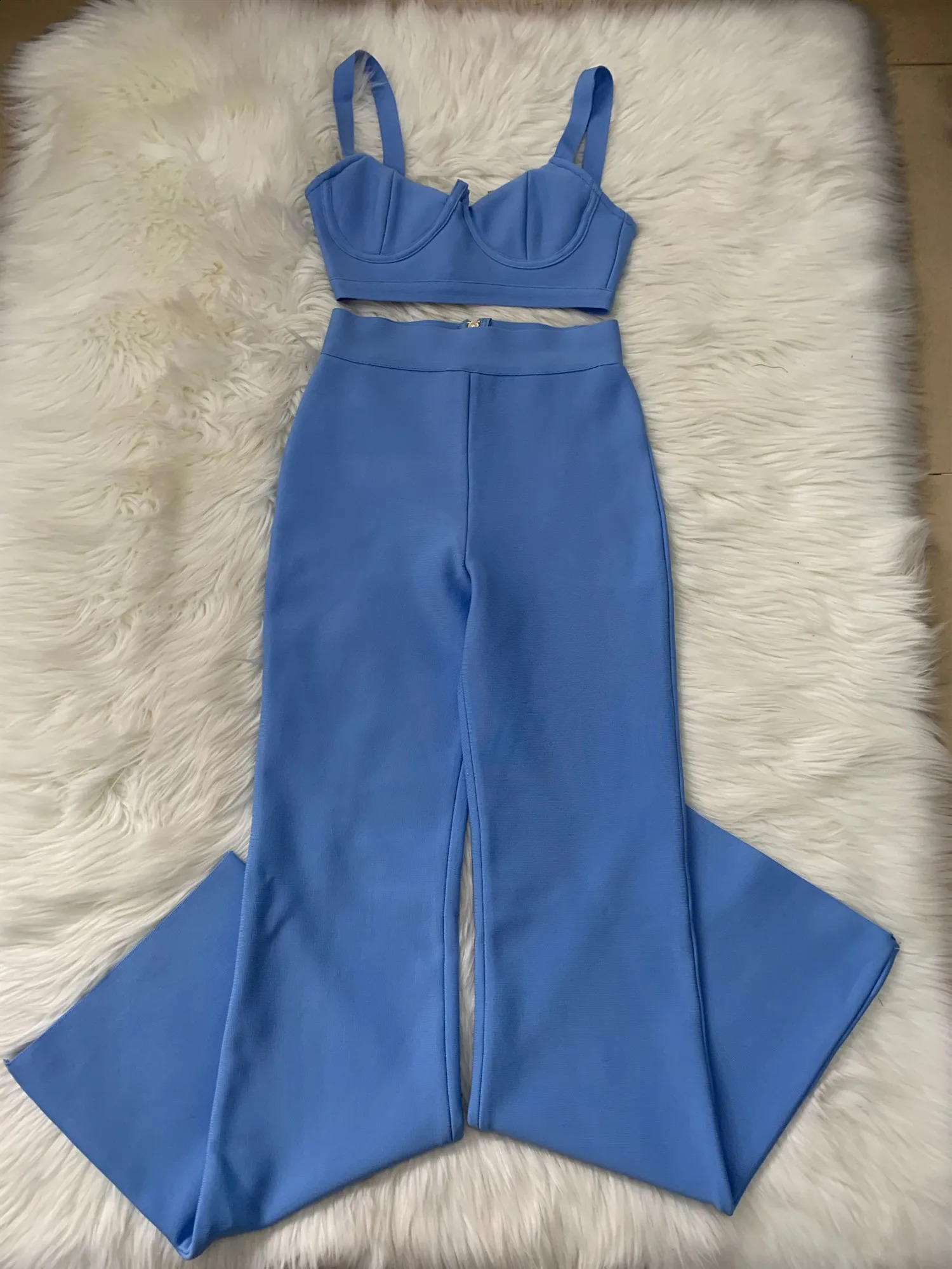Women Arrival Sexy Low cut Strap Bra TopHigh Waist Flare Pants Two Piece Bandage Set Elgant Fashion Party Wear Vintage 250319